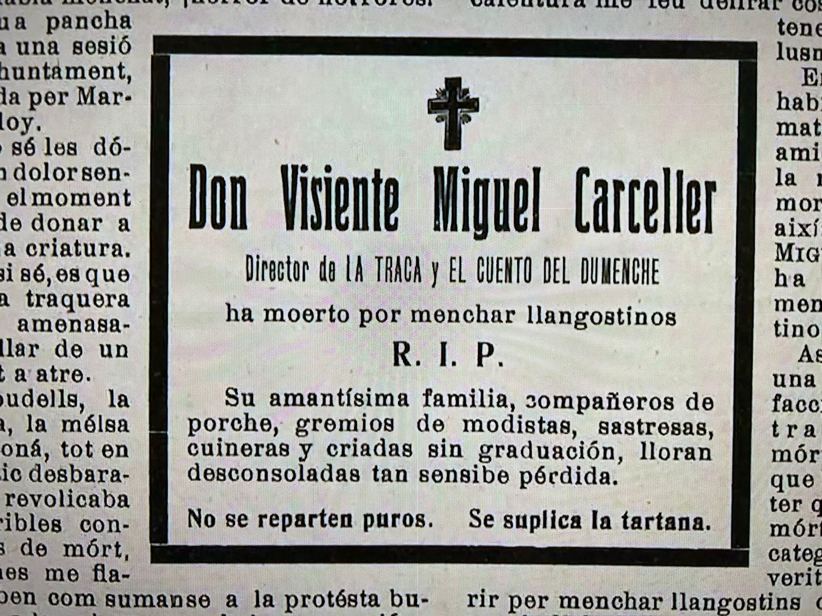 Esquela que es va dedicar el mateix Carceller a si mateix