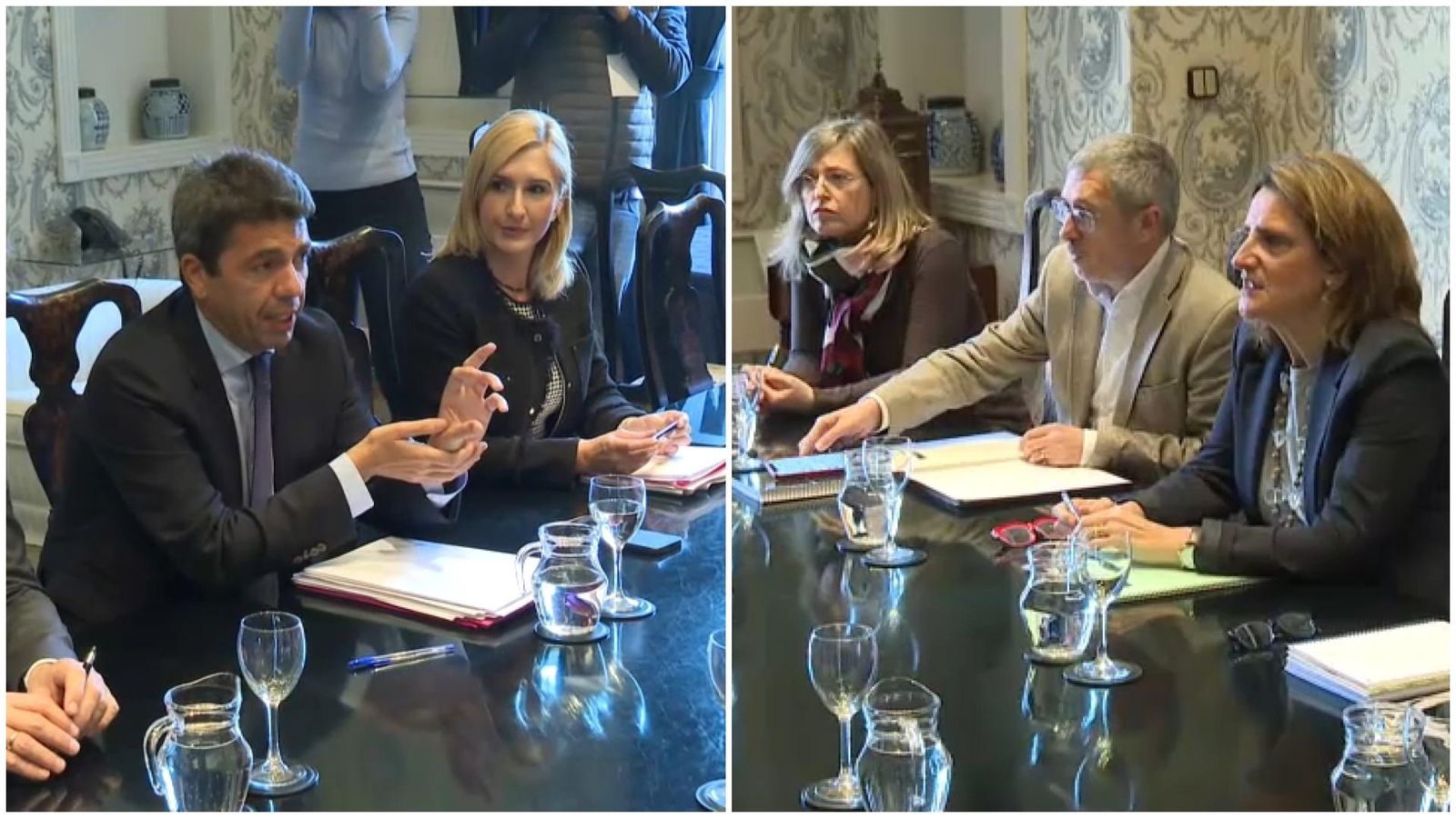 L'equip de la Generalitat, amb el cap del Consell Carlos Mazón i la consellera de Medi Ambient, Aigua, Infraestructures i Territori, Salomé Pradas, front a front amb el del ministeri de Transició Ecològica, que encapçala la vicepresidenta Teresa Ribera