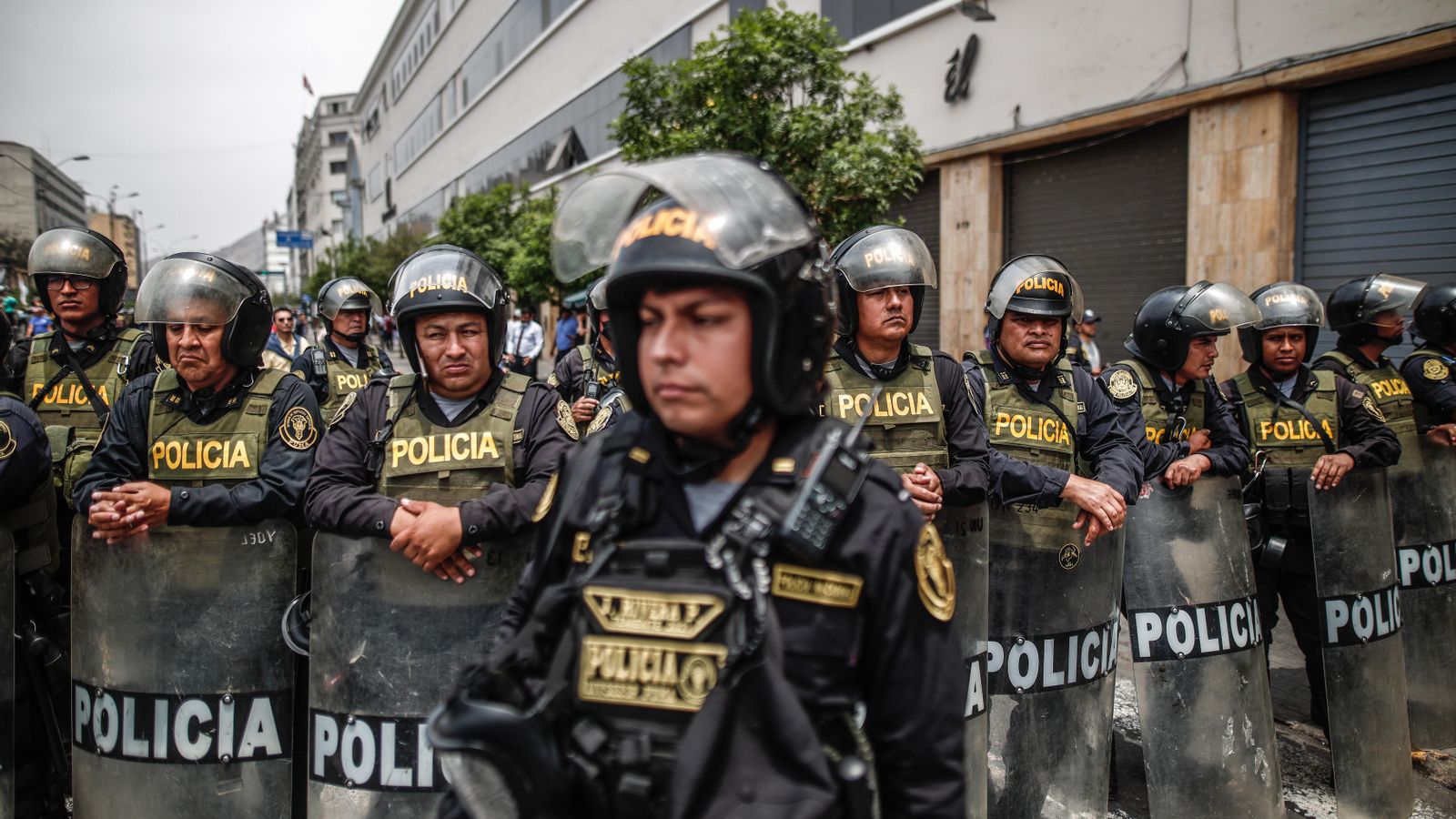 Membres de la Policia de Perú vigilen als manifestants i simpatitzants de l'expresident del país, Pedro Castillo