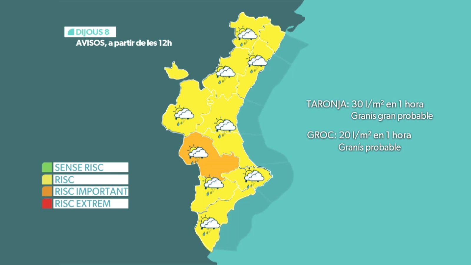 En imatge, els avisos actius des d'este migdia