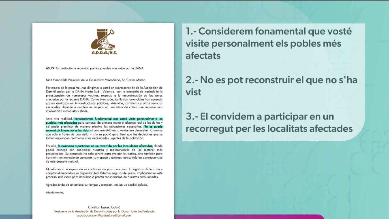 Captura de la carta a Mazón de l'Associació de Damnificats per la DANA Horta Sud-València