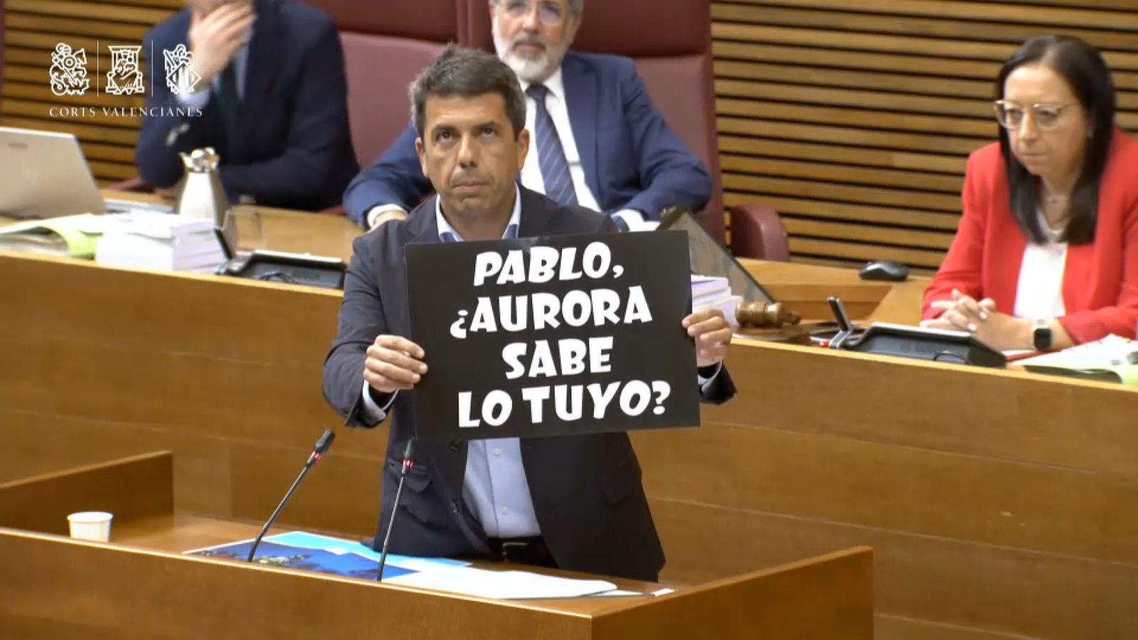 El president Carlos Mazón exhibeix una de les pancartes al·lusives a l'homosexualitat de l'alcal d'Elx, Pablo Ruz, que s'han penjat a la localitat