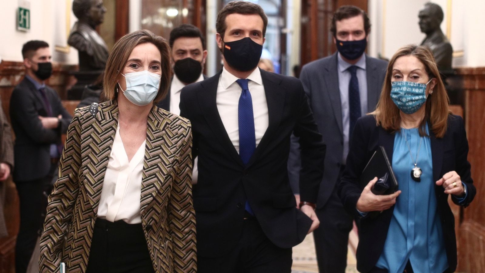 La portaveu del PP, Cuca Gamarra; el líder del PP, Pablo Casado; i la subsecretària de Política Social, Ana Pastor, en el Congrés, en una imatge d'arxiu
