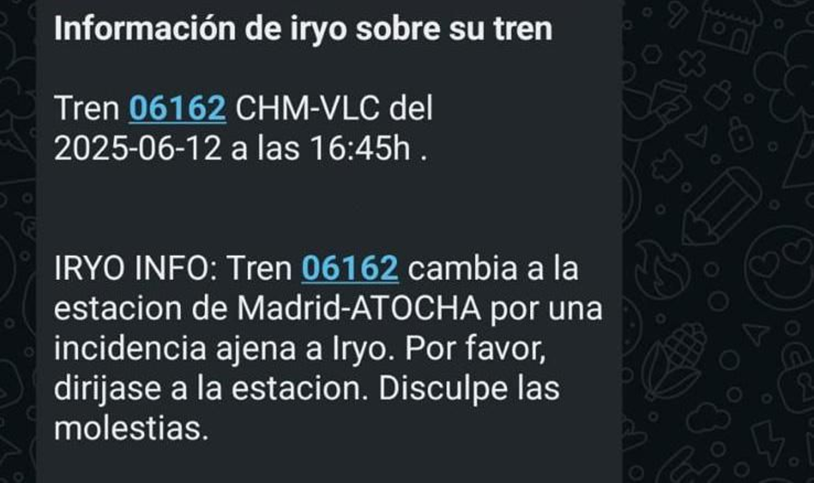 Missatge d'Iryo a un usuari afectat