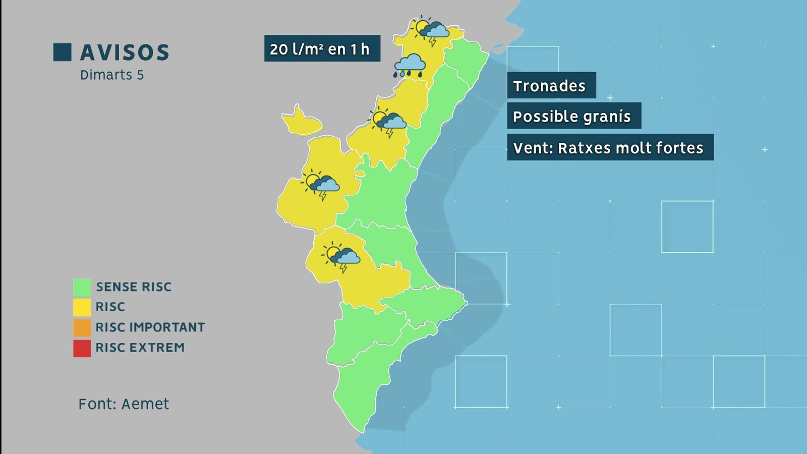 L'Aemet ha decretat l'avís groc per a bona part de la franja interior del territori per a aquest dimarts de vesprada