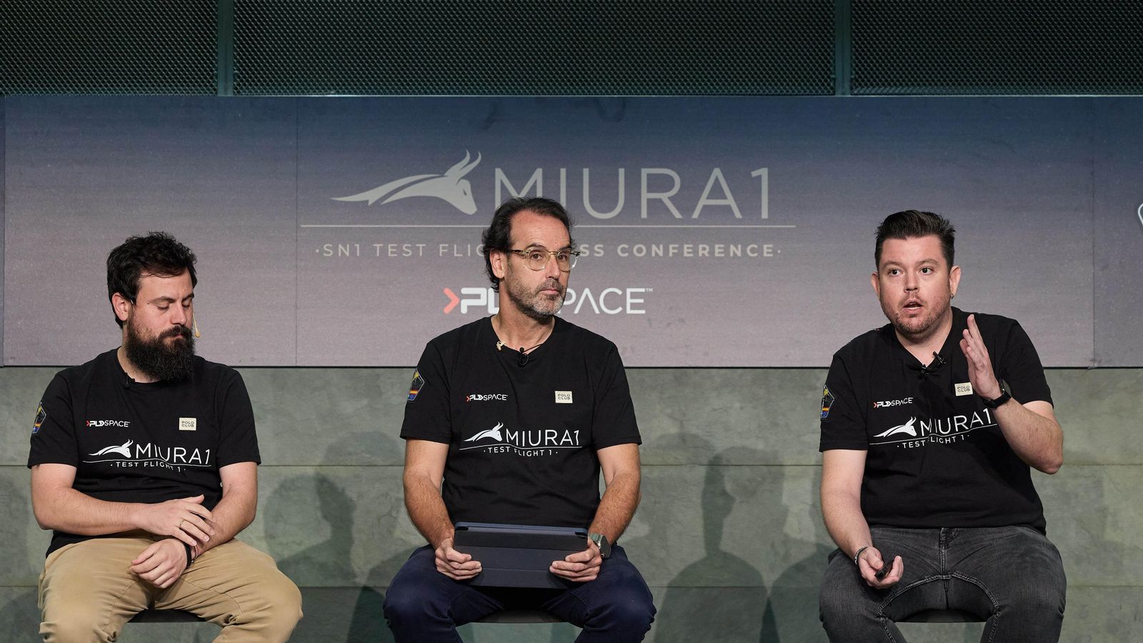 Raúl Verdú, Ezequiel Sánchez i Raúl Torres, de PLD, durant la roda de premsa a Madrid per explicar els resultats de la missió Miura