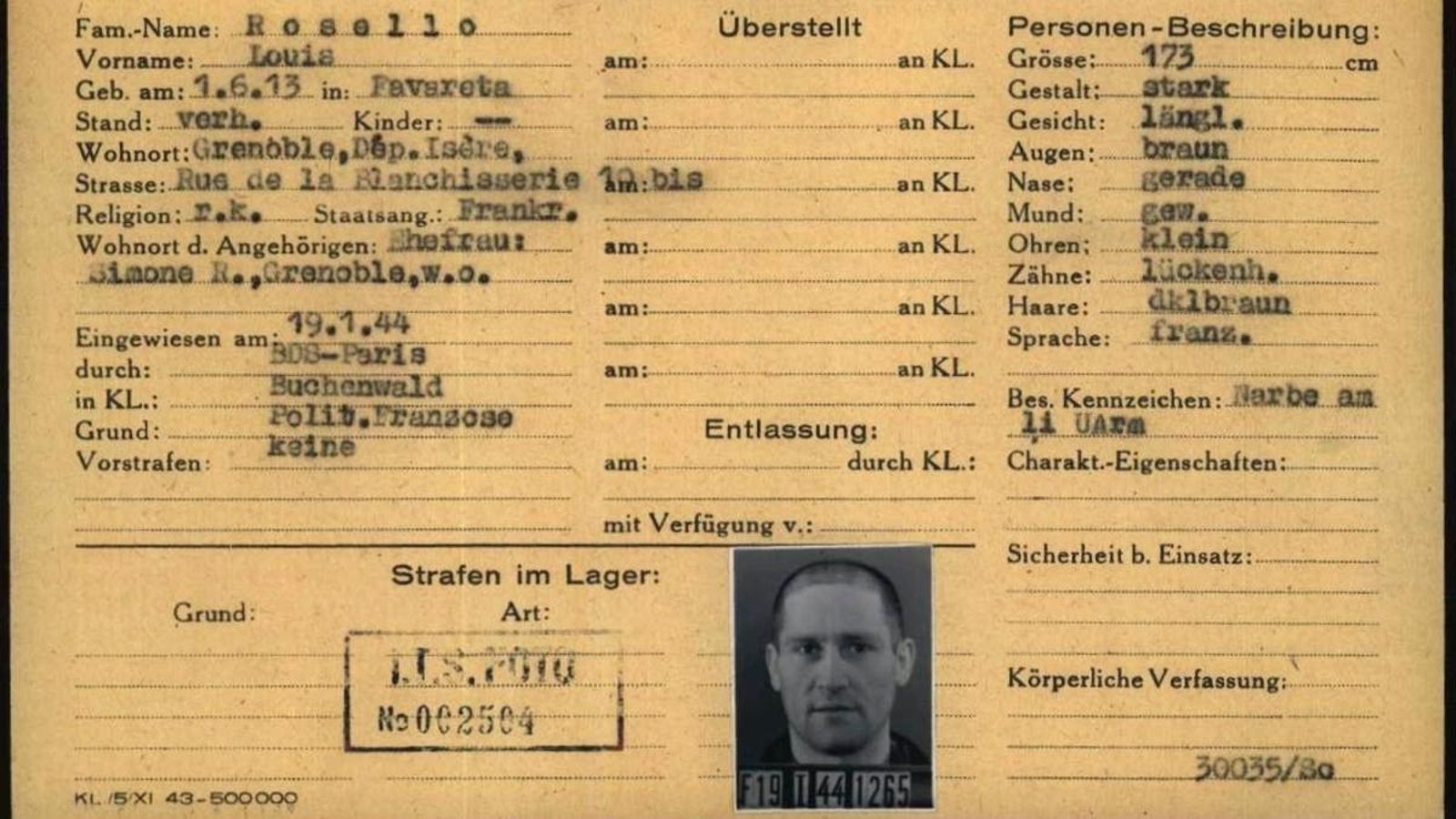 Cartilla de registre de Luis Roselló, que es conserva en l'arxiu d'Arolsen