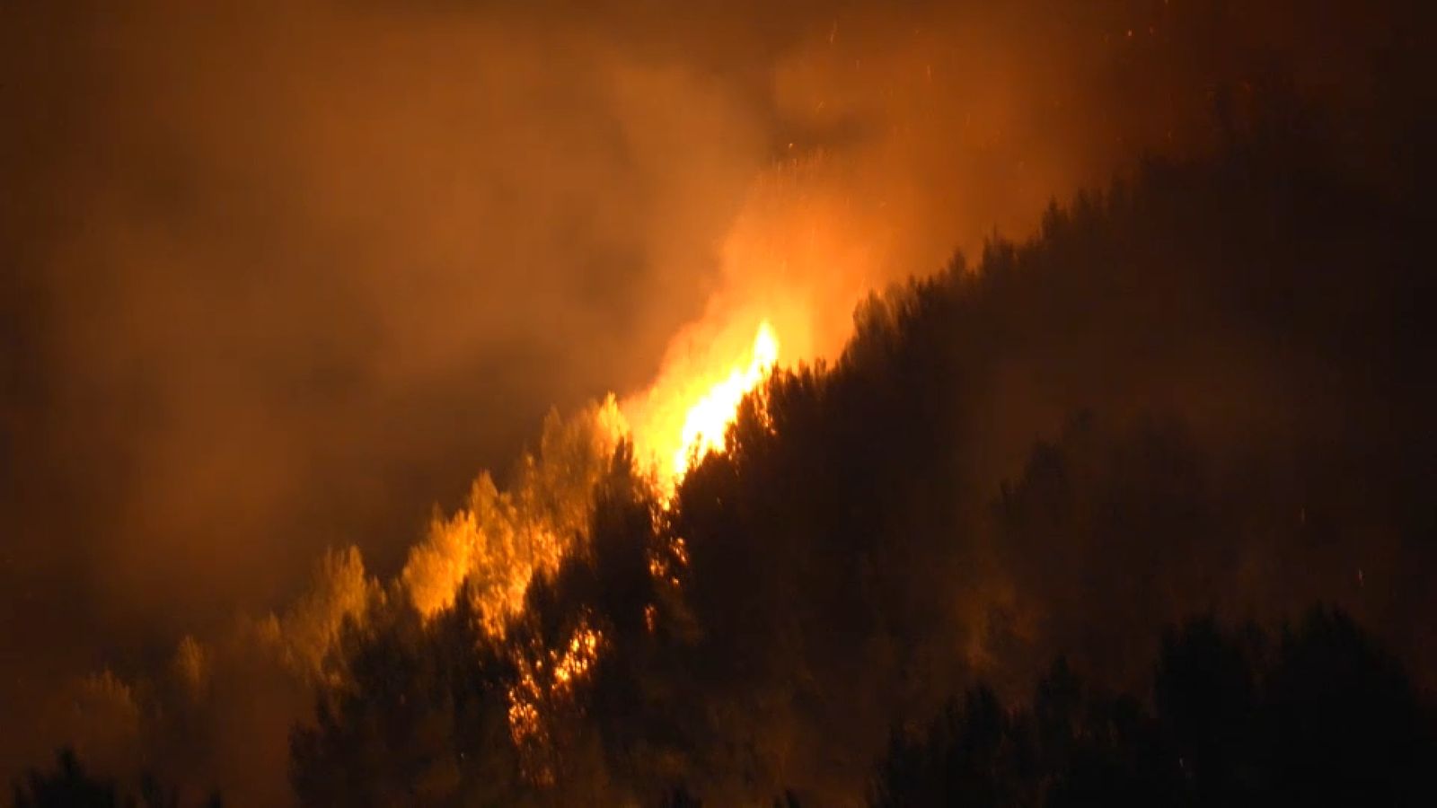 Les flames avancen per un dels vessants de massa forestal després de l'impacte del llamp