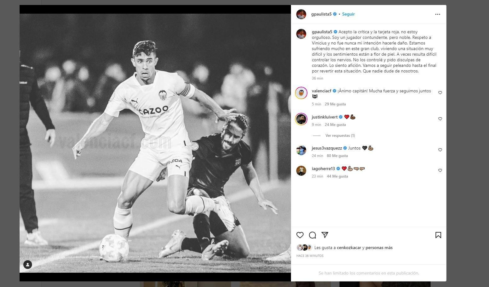 Paulista es disculpa amb l'afició del València CF