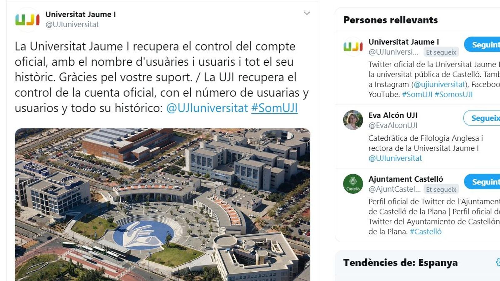 Missatge de la UJI informat que han recuperat el compte de Twitter