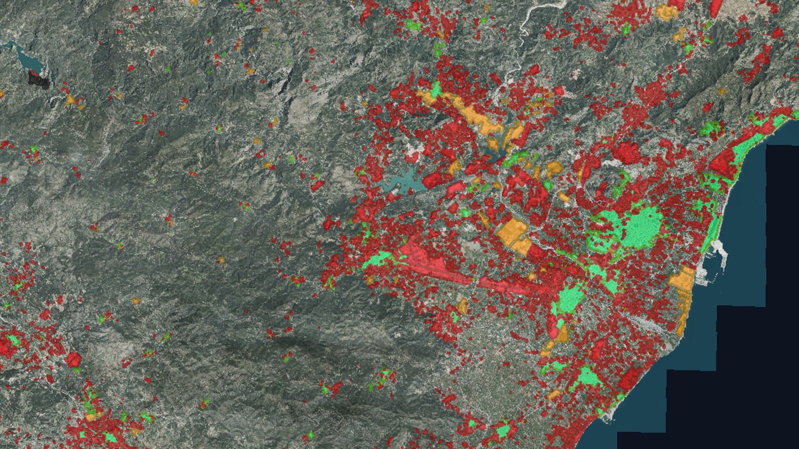 En roig i taronja, les zones blanques al voltant de Castelló de la Plana