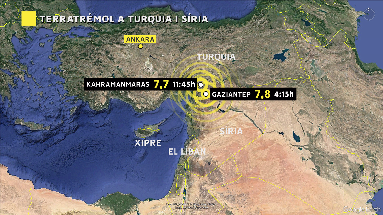 Mapa del terratrémol que ha sacsat Turquia i Síria