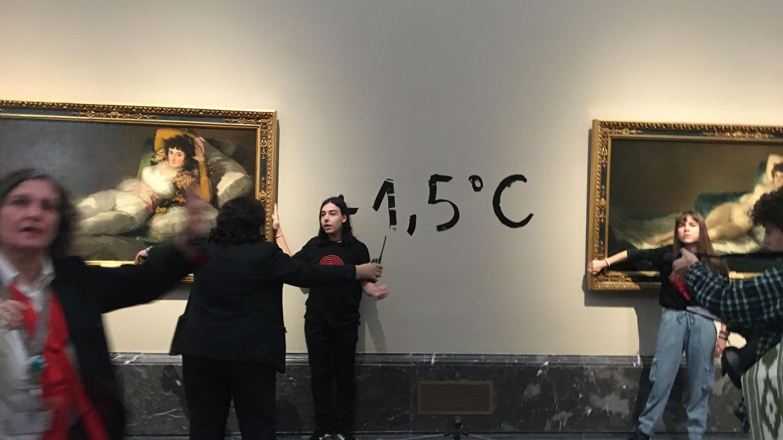 Activistes ecologistes se peguen als marcs de les 'majes' de Goya, en el Museu del Prado