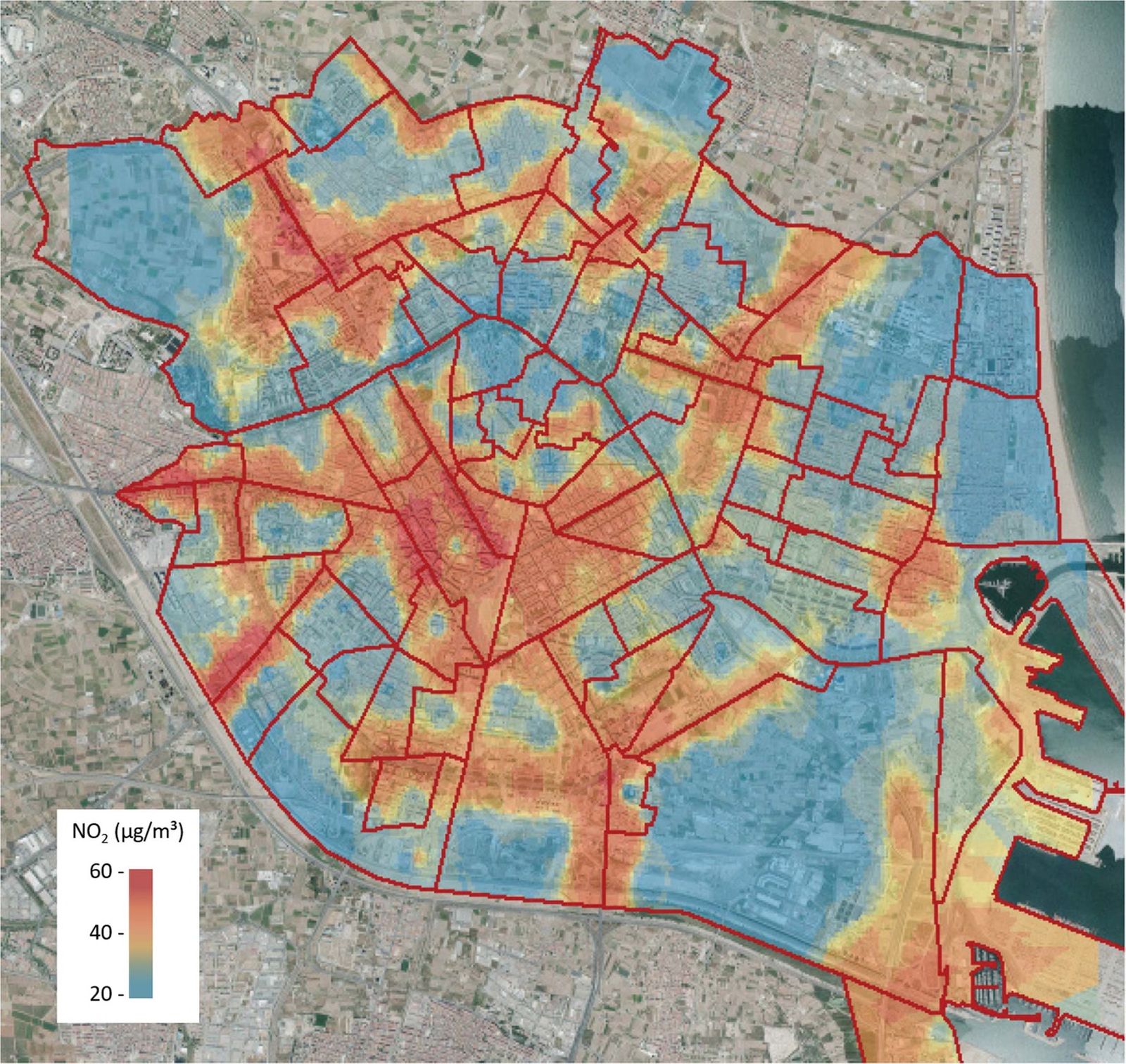 Mapa de la distribució de NO2 a la ciutat de València