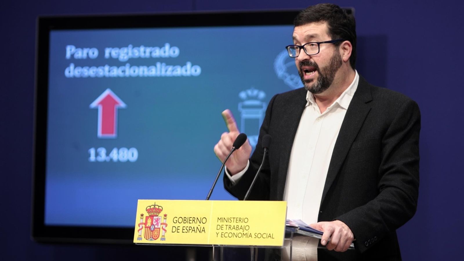 El secretari d'Estat d'Ocupació, Joaquín Pérez Rey, intervé en la presentació de les dades d'atur