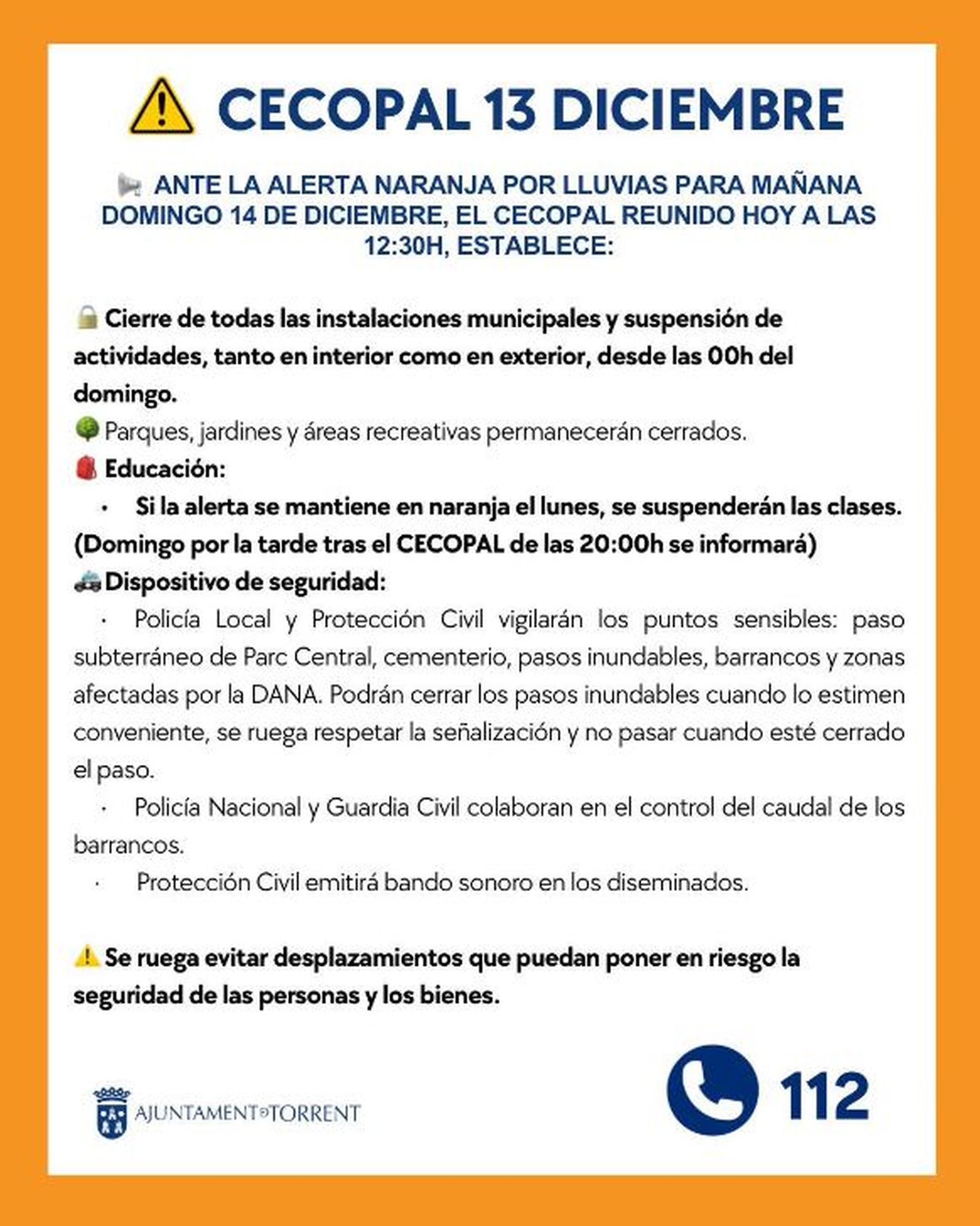 Comunicat del CECOPAL de l'Ajuntament de Torrent