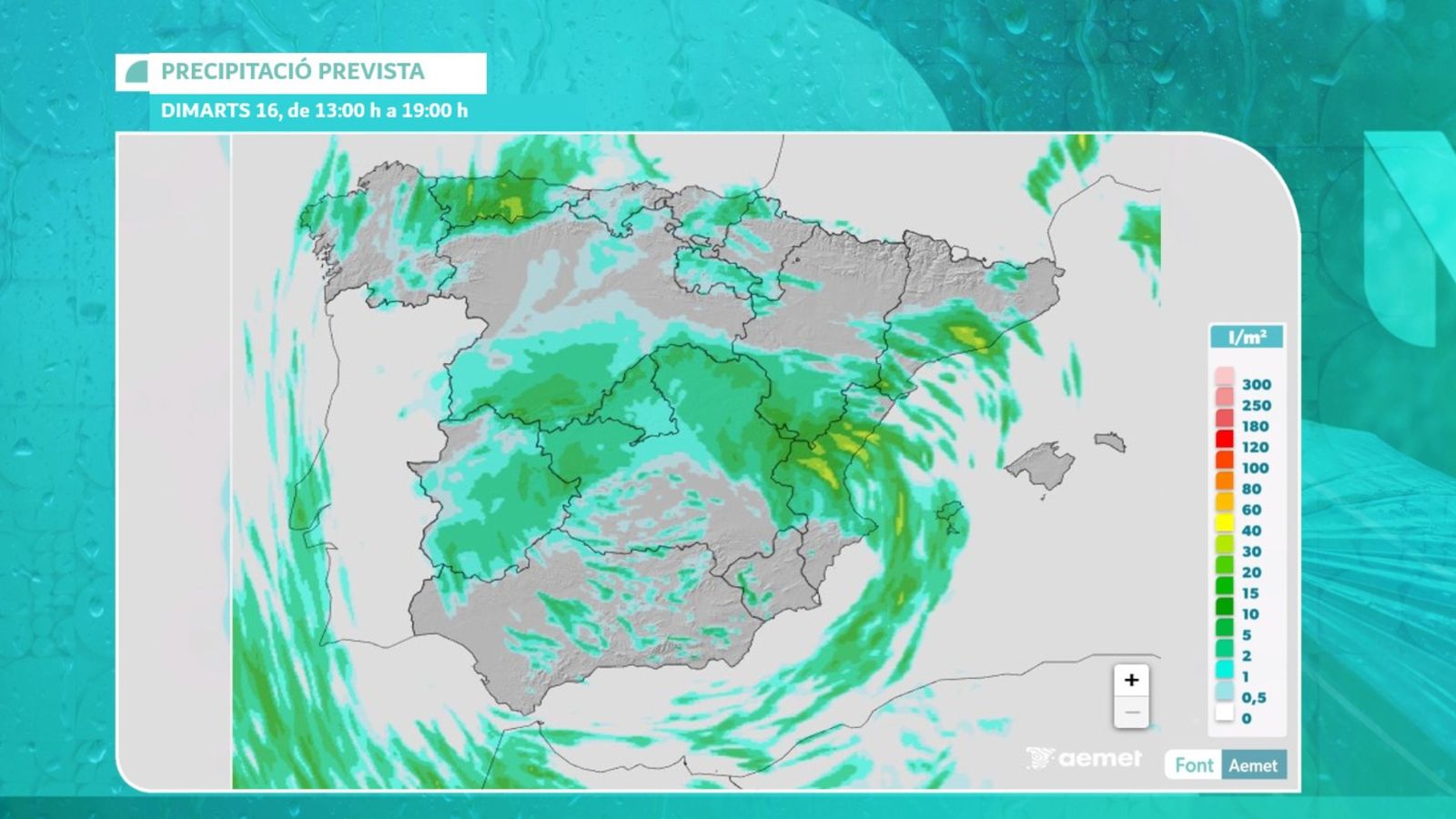 Pluja prevista per al dimarts 16 de 13:00 h a 19:00 h