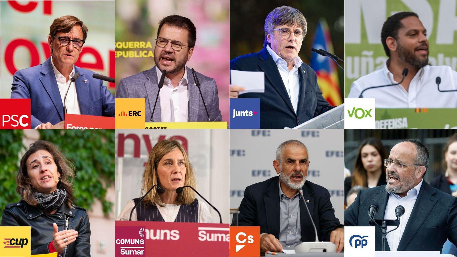 Els candidats Salvador Illa, Pere Aragonès, Carles Puigdemont, Ignacio Garriga, Laia Estrada, Jéssica Albiach, Carlos Carrizosa i Alejandro Fernández