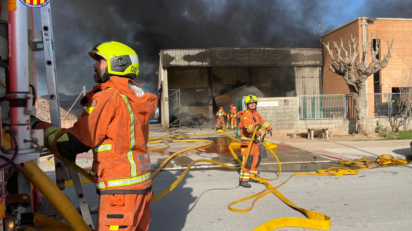 Efectius de bombers, davant de la fàbrica de Sagunt que ha patit l'incendi industrial