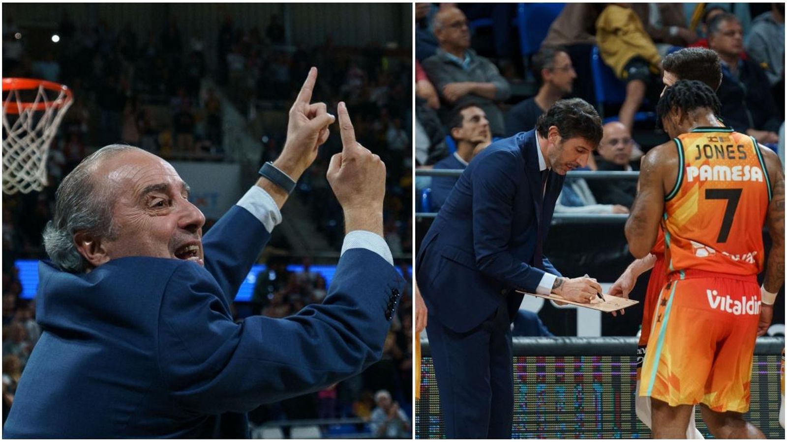 A l'esquerra, l'exentrenador del València Basket, Txus Vidorreta, que arriba als 600 partits en Lliga Endesa; a la dreta, l'actual tècnic taronja indica una jugada als seus.