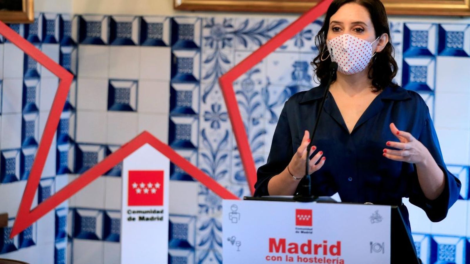 La presidenta de la Comunitat de Madrid, Isabel Díaz Ayuso, aquest dimarts en la presentació de mesures en els sectors de la restauració i l'hostaleria