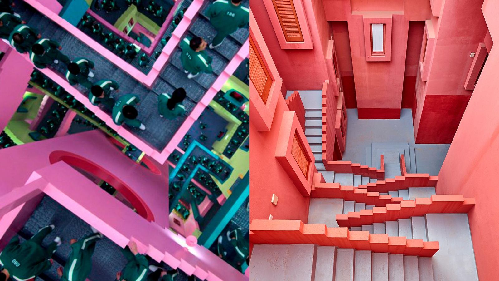 Un frame de 'El juego del calamar' i una imatge de la Muralla Roja de Calp per dins