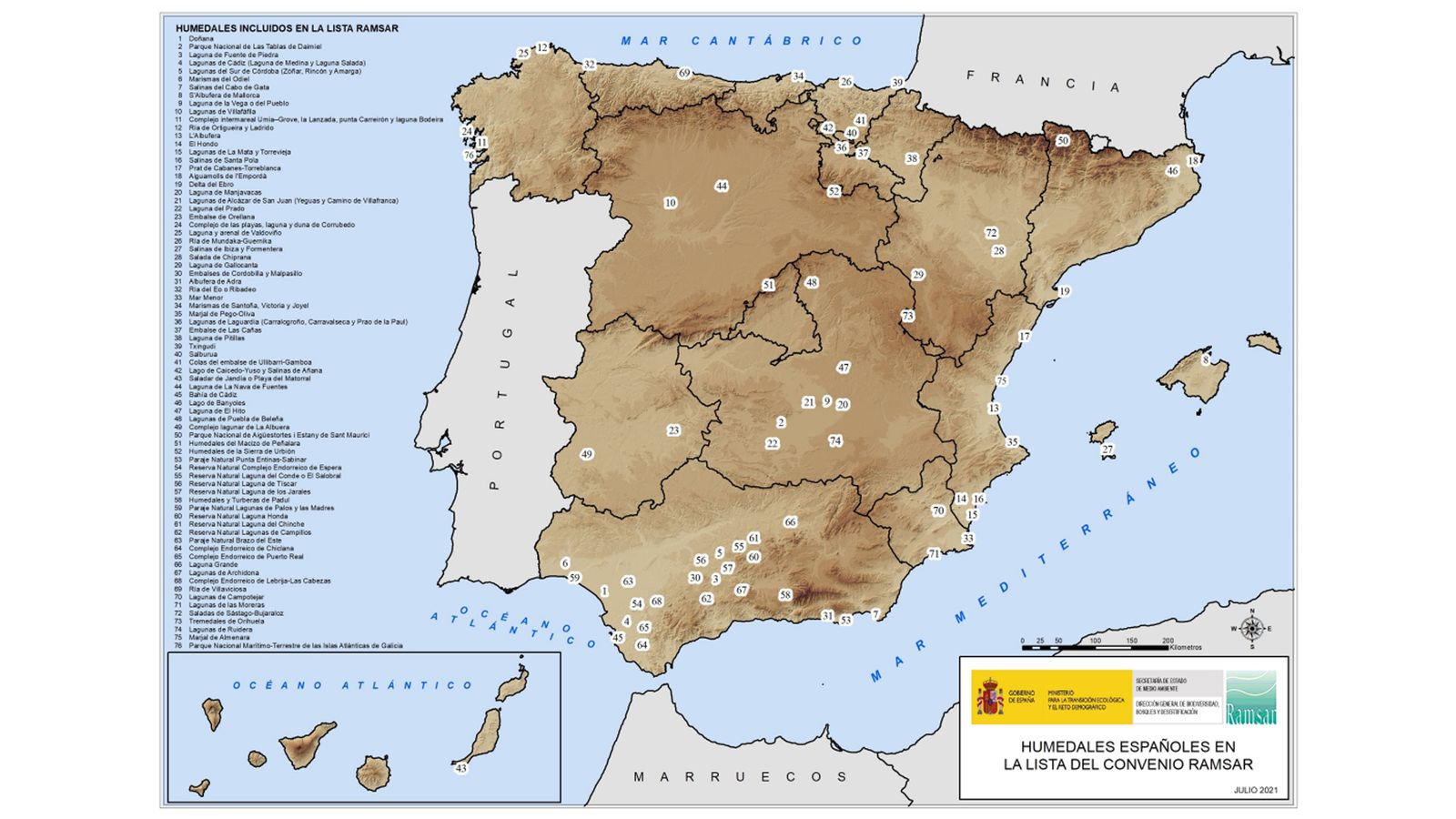 Mapa dels aiguamolls d'importància internacional espanyols inscrits en la llista del Conveni Ramsar
