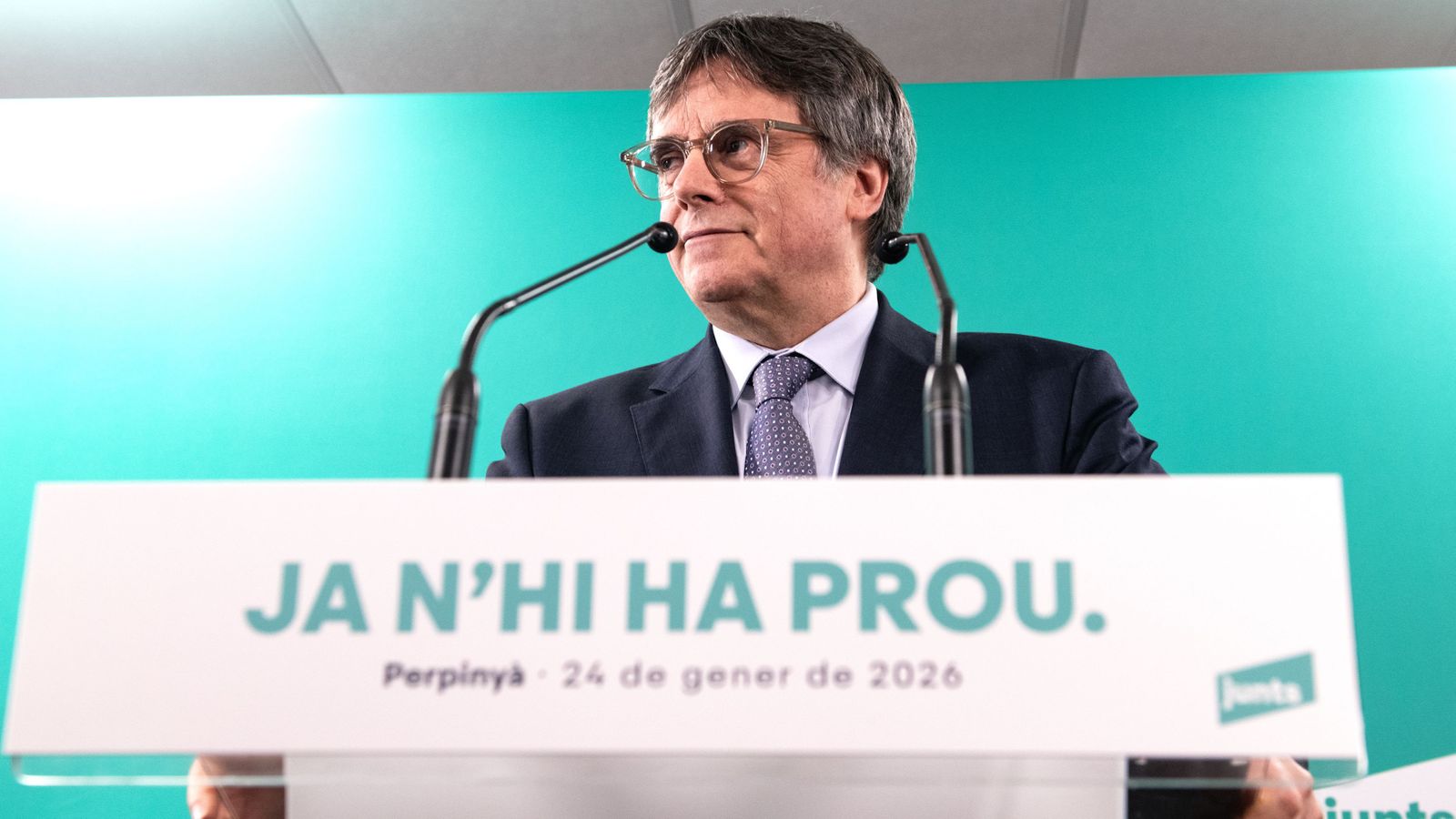 L'expresident de Catalunya Carles Puigdemont, en una intervenció en gener des de Perpinyà