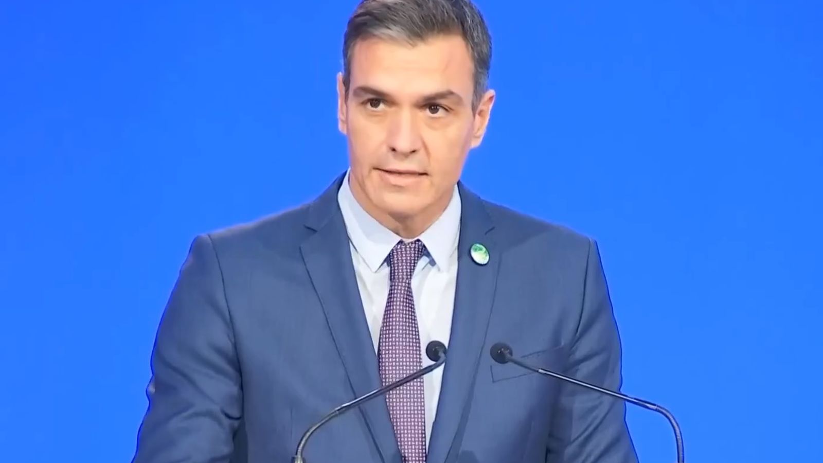 El president del govern espanyol, Pedro Sánchez, durant la seua intervenció en la cimera de la COP26 aquest dilluns a Glasgow (Regne Unit)