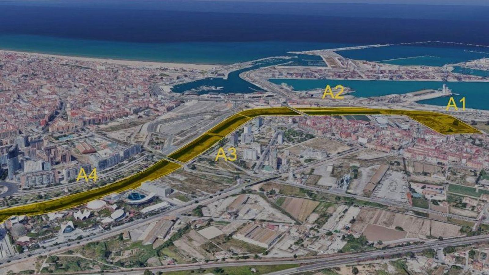 Mapa de les quatre zones en que es dividirà el projecte del Parc de Desembocadura