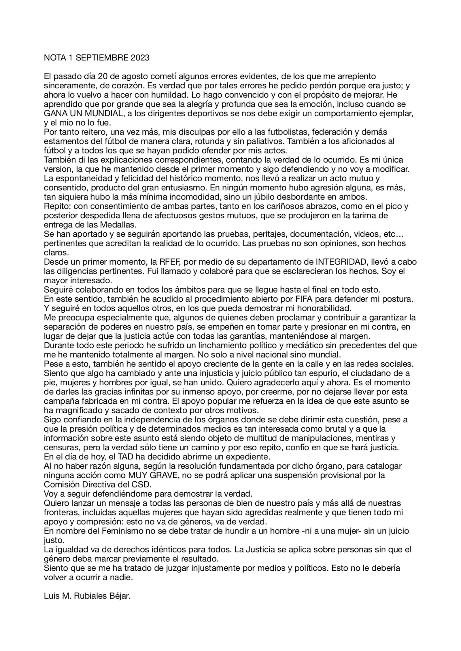 Comunicat de Luis Rubiales