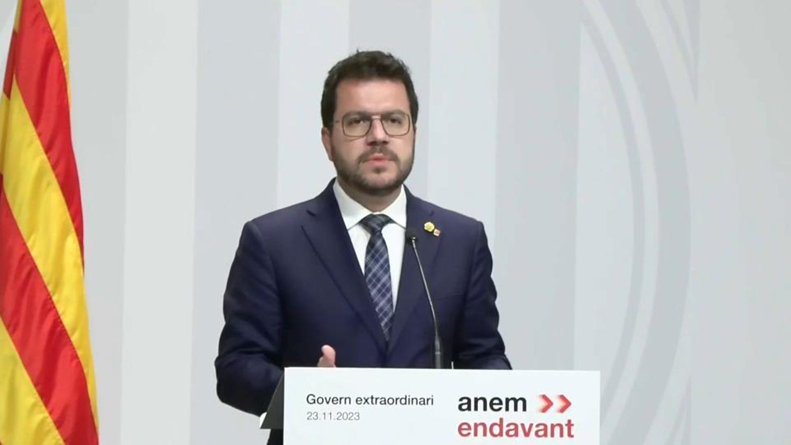 El president de la Generalitat de Catalunya, Pere Aragonés, durant el seu discurs als mitjans