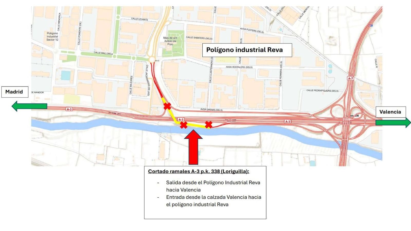Ubicació del ramal de la A-3 tancat a l'altura del polígon de la Reva