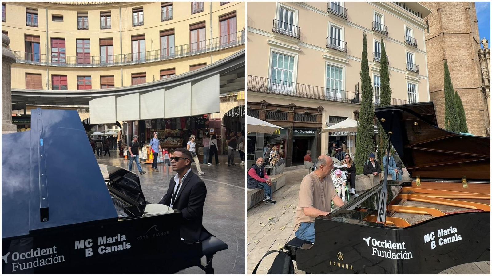 El piano col·locat a la plaça Redona, a l'esquerra, i el situat a la plaça de la Reina, als peus del Micalet, a la dreta