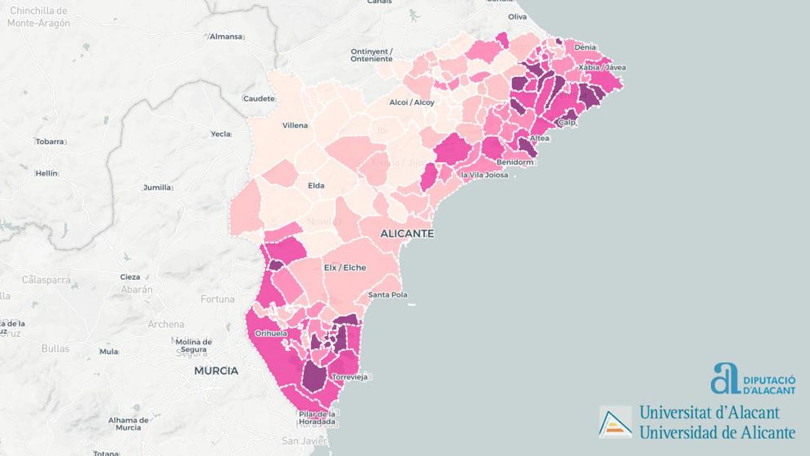 Vista general del percentatge de població estrangera a la província d'Alacant
