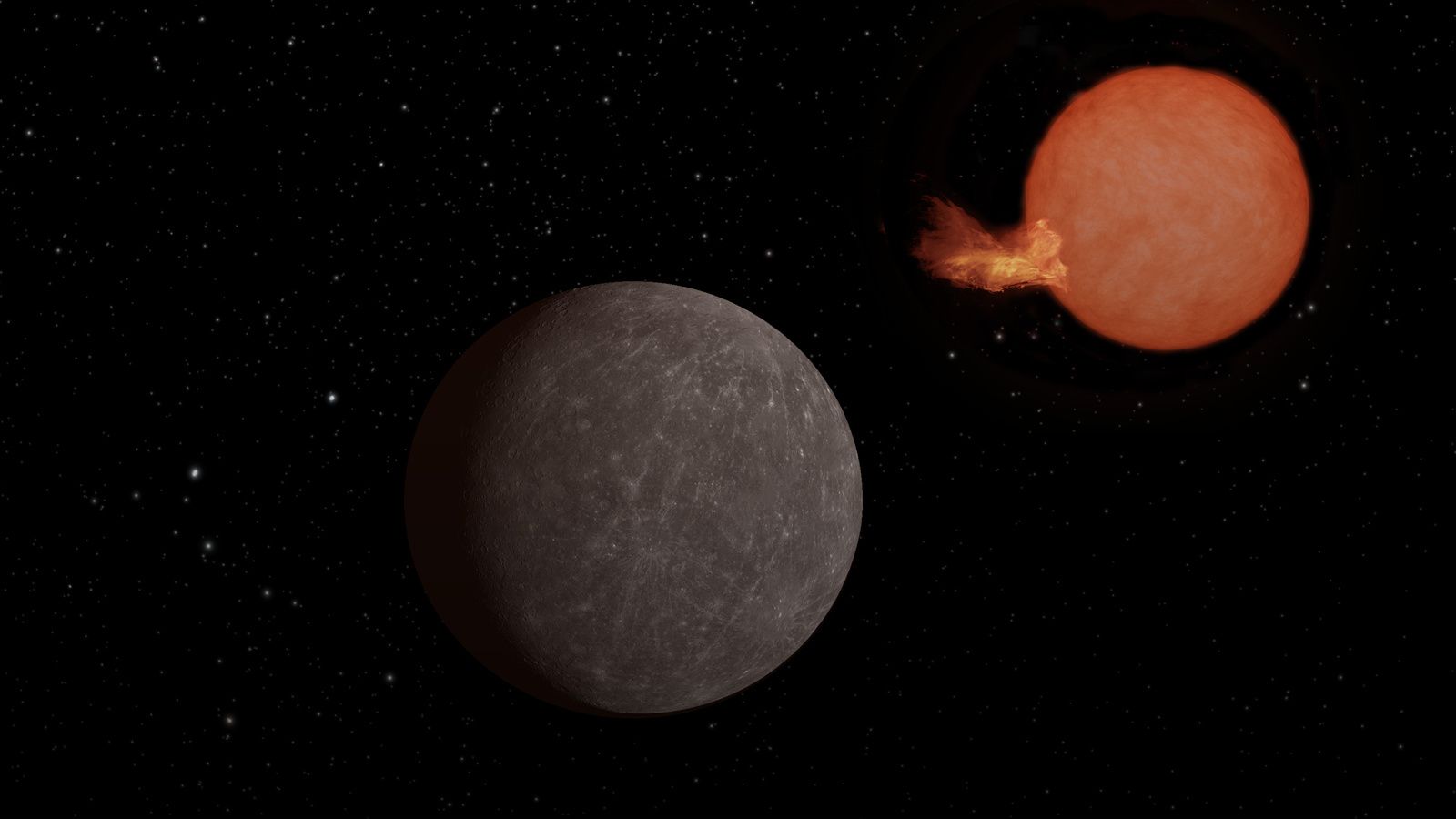 Representació artística de l'exoplaneta Speculoos-3 b orbitant una ardent estrela vermella