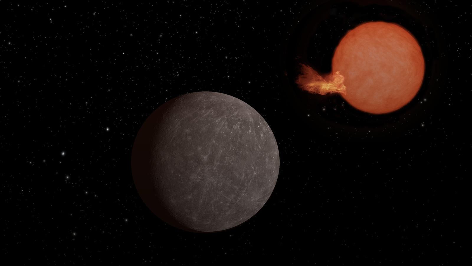 Representació artística de l'exoplaneta Speculoos-3 b orbitant una ardent estrela roja Representació artística de l'exoplaneta Speculoos-3 b orbitant una ardent estrela vermella