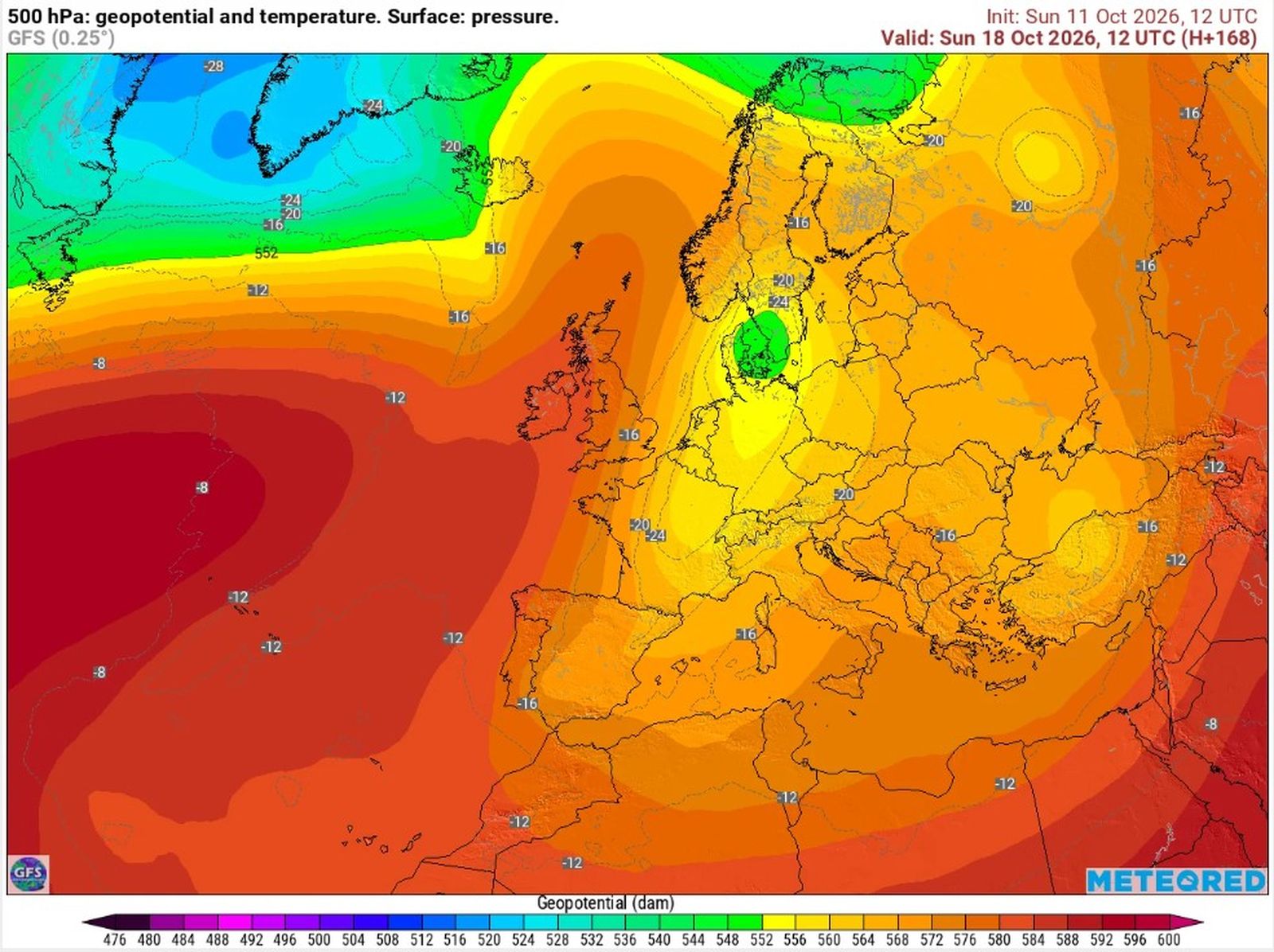 Mapa de previsió del model americà (GFS) pel diumenge 18. Dana situada al nord de França.