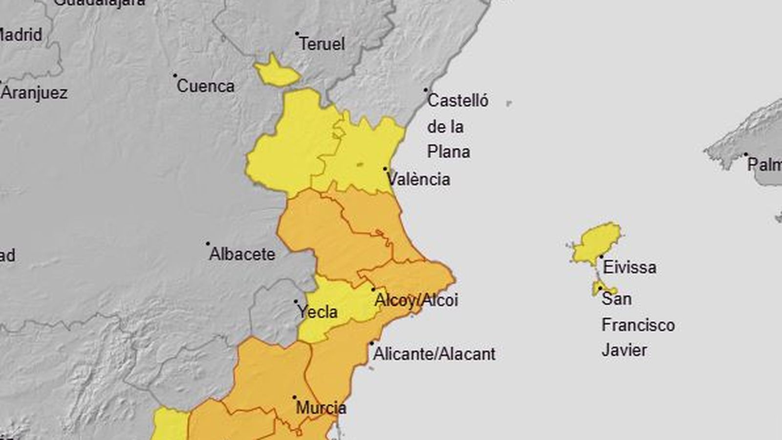 L’Aemet rebaixa de roig a taronja l’avís per pluges al litoral sud d’Alacant