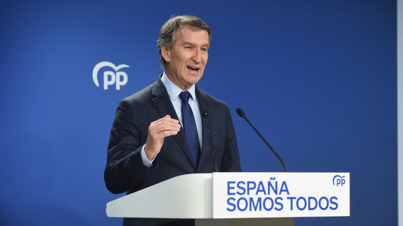 Feijóo, durant una compareixença este dilluns a la seu nacional del PP