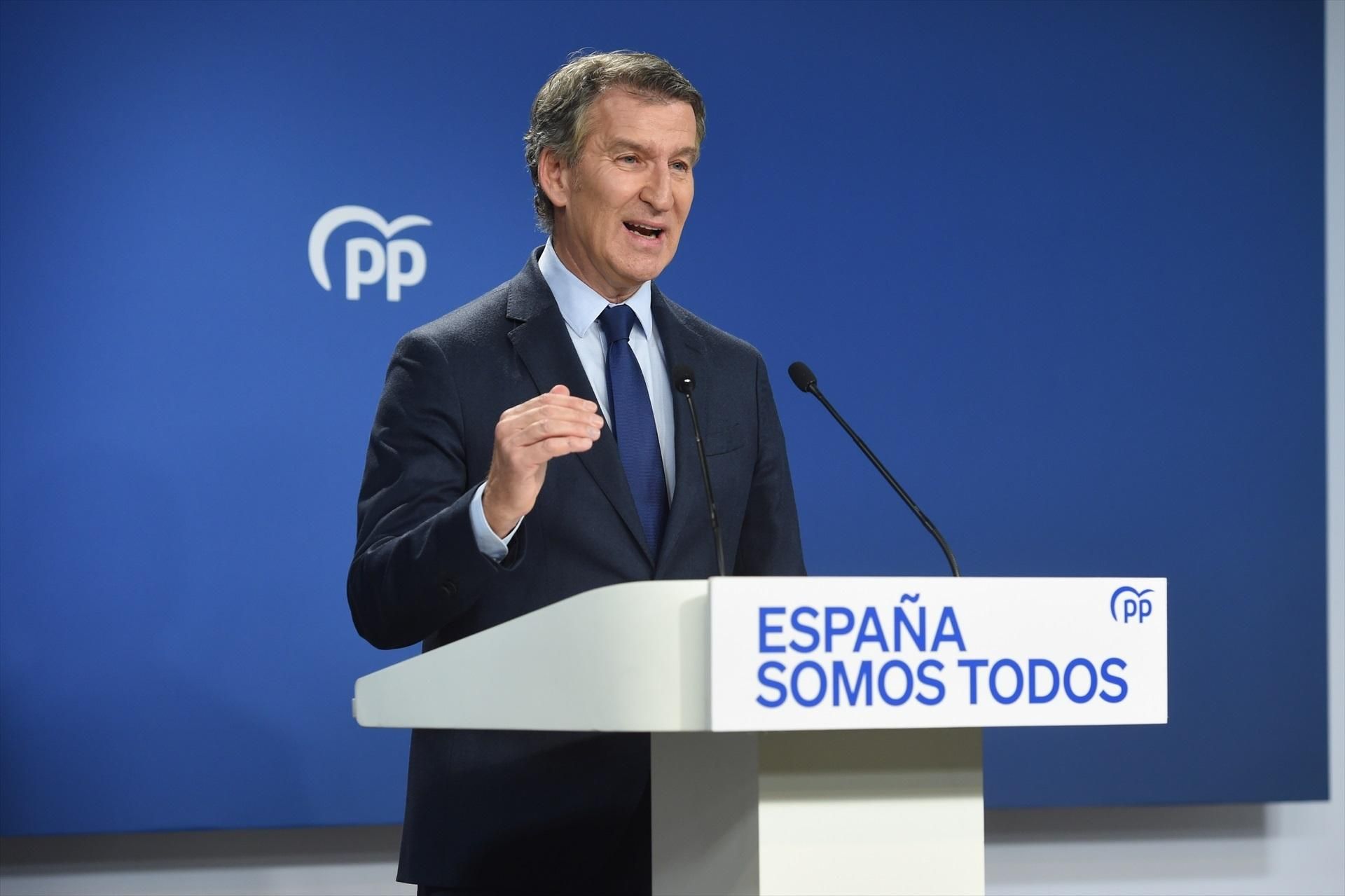 Feijóo, durant una compareixença este dilluns a la seu nacional del PP