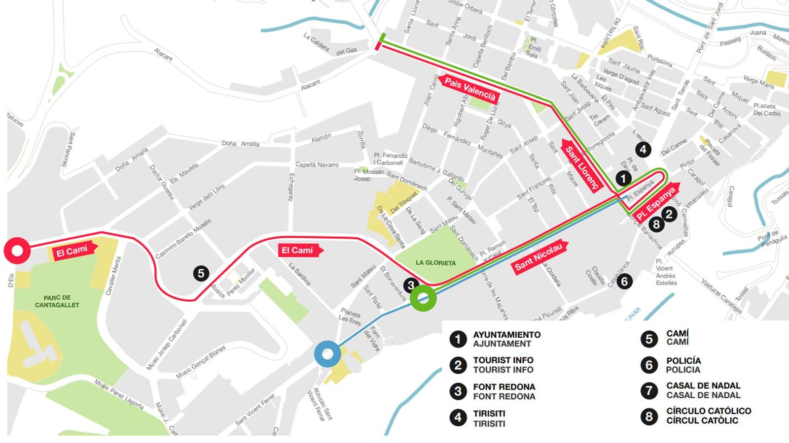 En blau, el recorregut de les Pastoretes (el diumenge abans de la cavalcada); en verd, el recorregut del ban reial (el 4 de gener), i en roig, el recorregut de la cavalcada dels Reis d'Orient (en la vespra del dia de Reis)