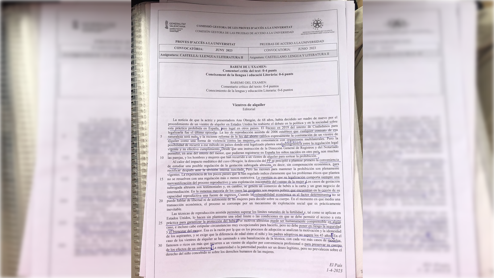 Extracte de l'examen de Castellà en les PAU de 2023 a la Comunitat Valenciana