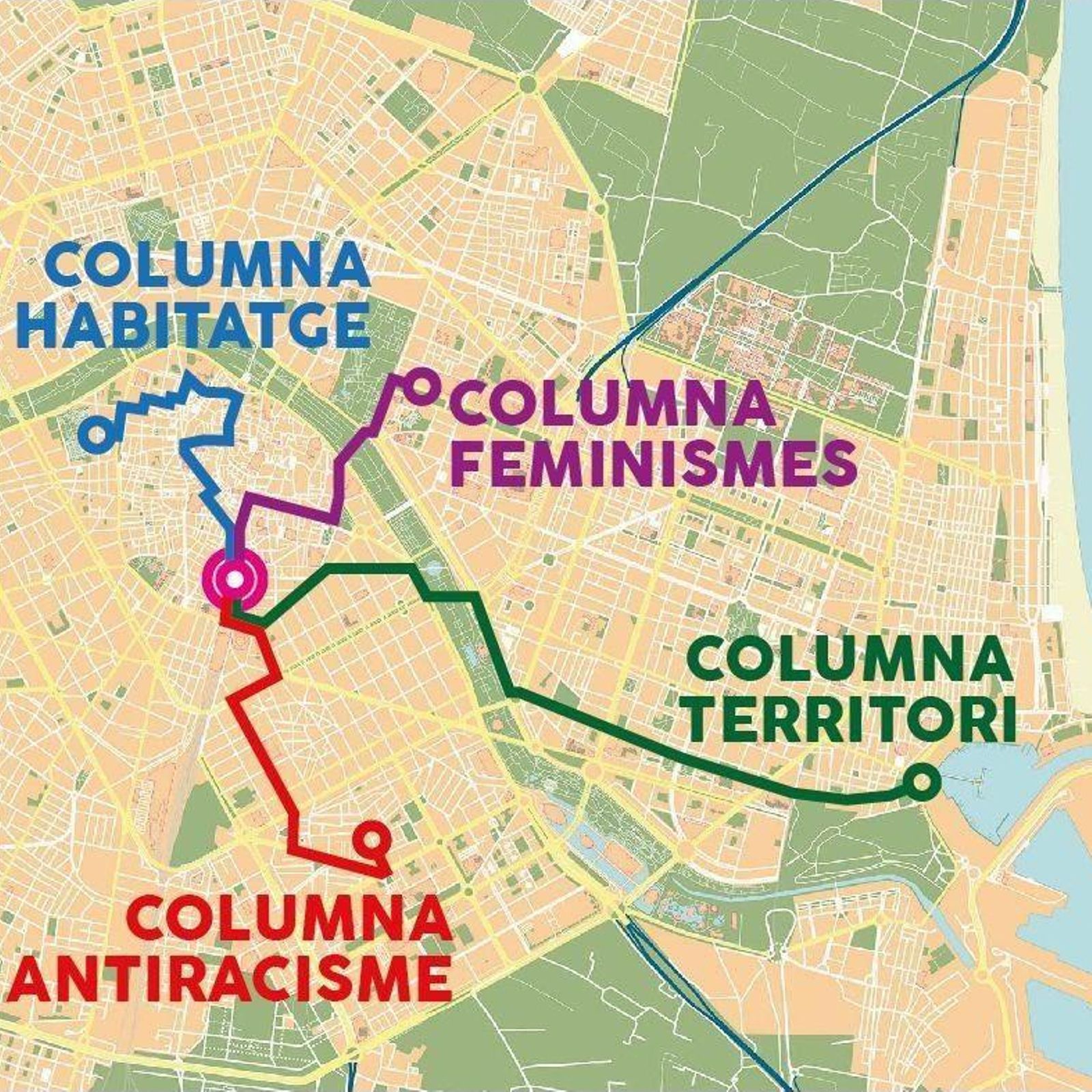 Mapa amb l'itinerari de les quatre columnes que confluiran a la plaça de l'Ajuntament de València