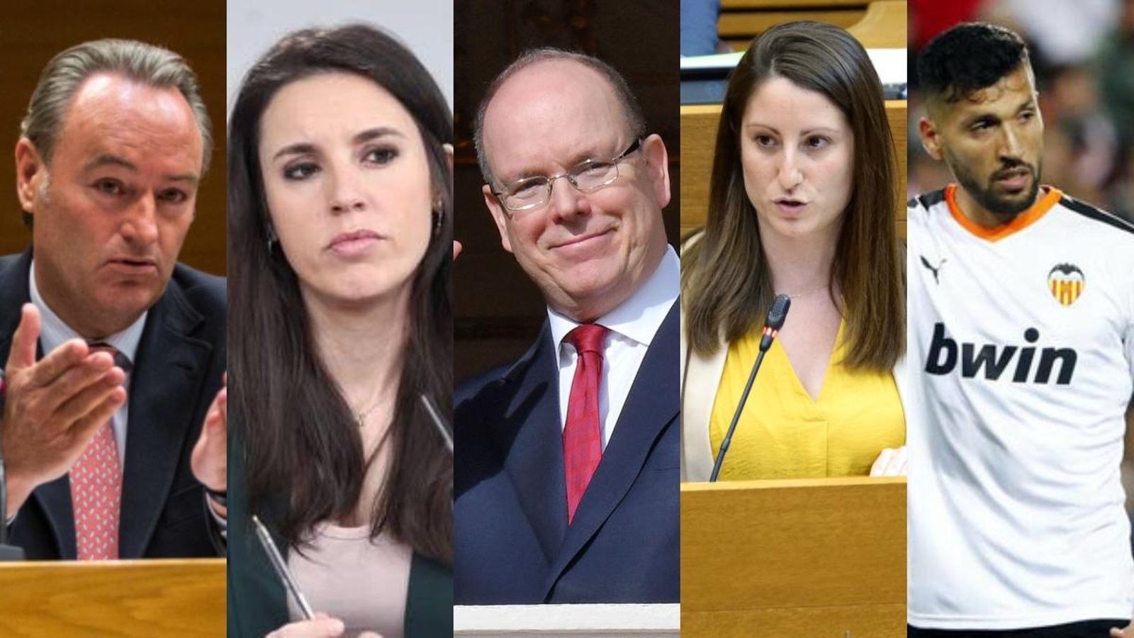 D'esquerra a dreta, l'expresident de la Generalitat, Alberto Fabra; la ministra d'Igualtat, Irene Montero; el príncep, Albert de Mònaco; la síndica de Vox a les Corts, Ana Vega; i el jugador del Valencia CF, Ezequiel Garay.