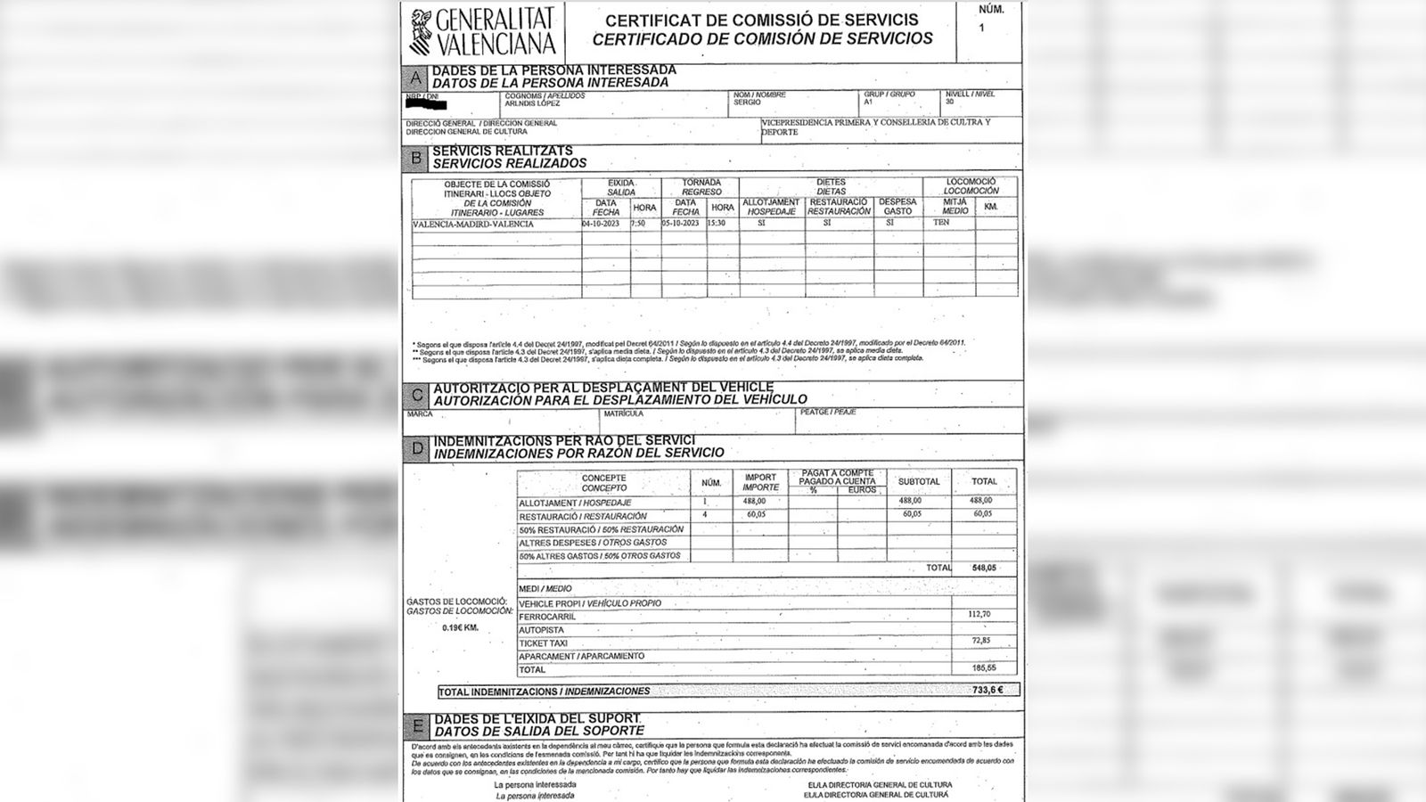 Contracte que ha adjuntat Compromís amb les despeses d'hotel i transport