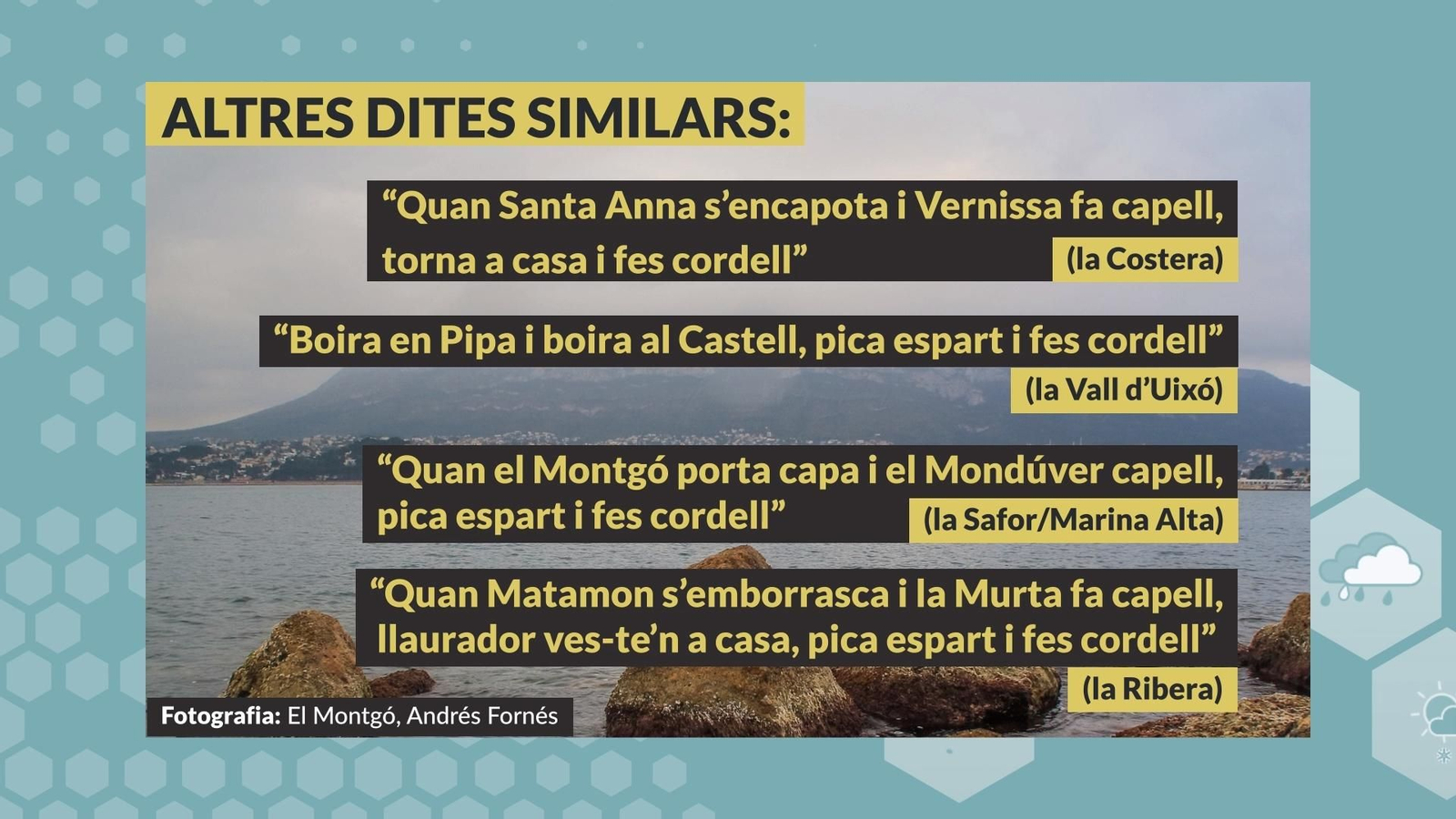 Només canviant el nom del topònim de la muntanya de referència o afegint xicotetes variacions, la dita s'ha adaptat a les diferents comarques del nostre territori