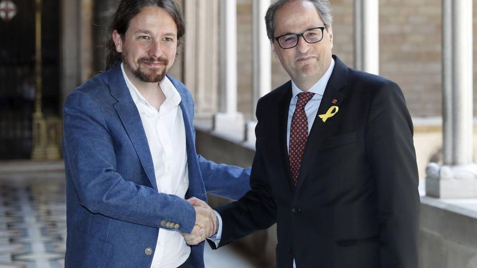 Quim Torra i Pablo Iglesias, abans de la reunió que han mantingut hui al Palau de la Generalitat de Catalunya