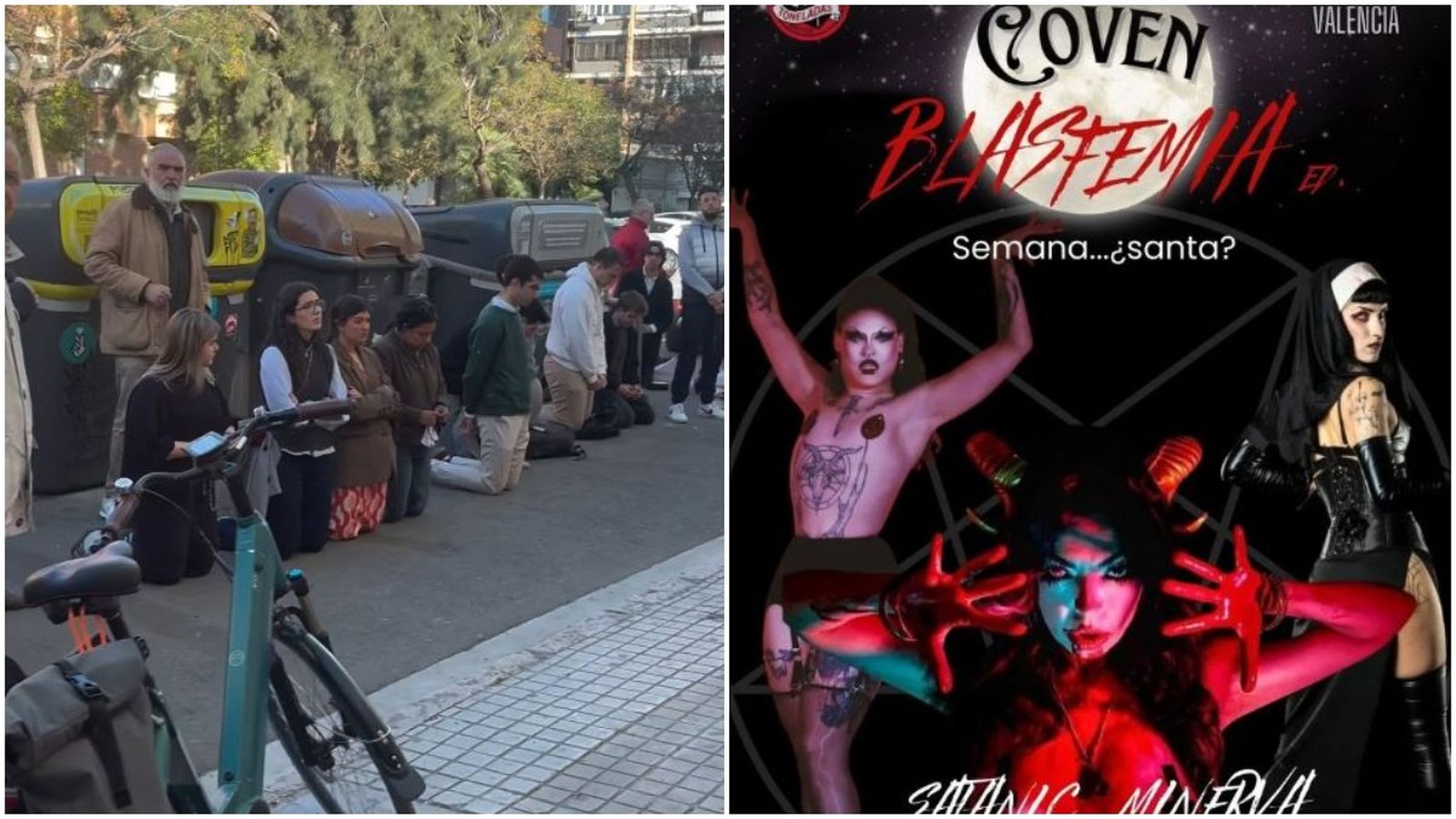 A l'esquerra, persones pregant a la porta del local; a l'esquerra, captura d'un dels cartells promocionals