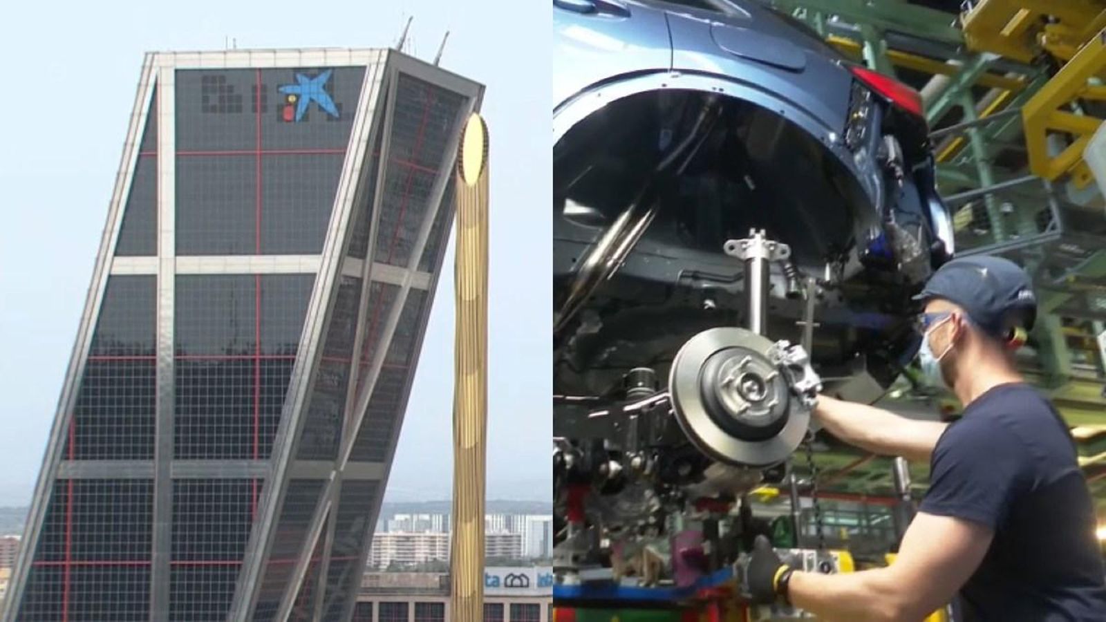 Fotomuntatge amb l'edifici de Caixabank i un treballador de Ford Almussafes